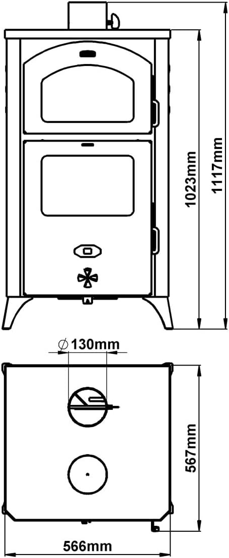 Estufa de leña con horno. Cocina de cocción, potencia de calefacción 14kw.