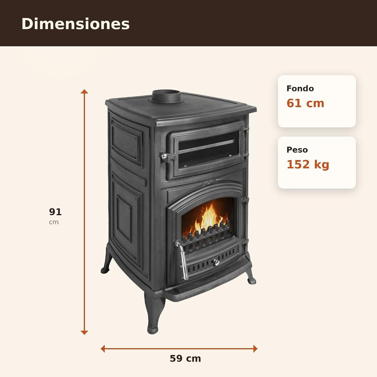 Estufa Leña ANTARES IRON con Horno – 18,26 kW (máx. 24,28 kW)