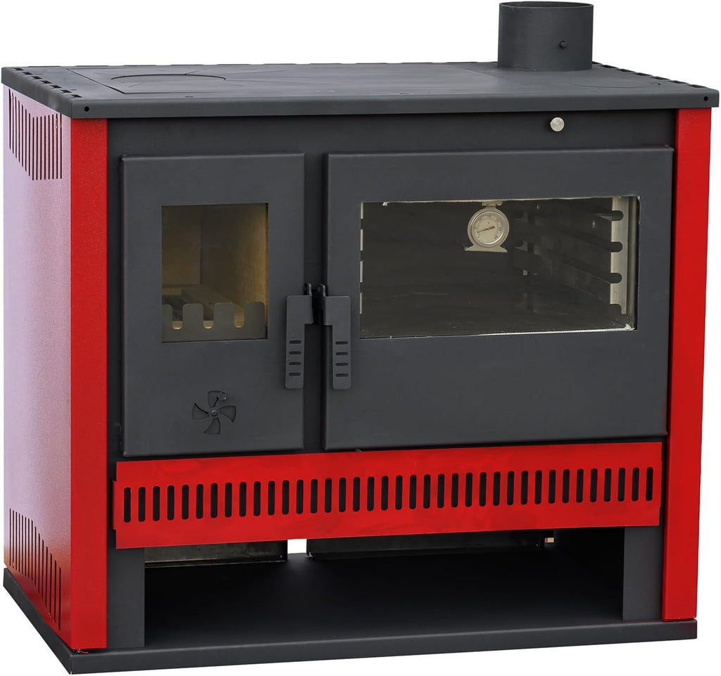 Estufa de leña de 15 kW, color rojo burdeos, horno permanente con función de cocción y horneado