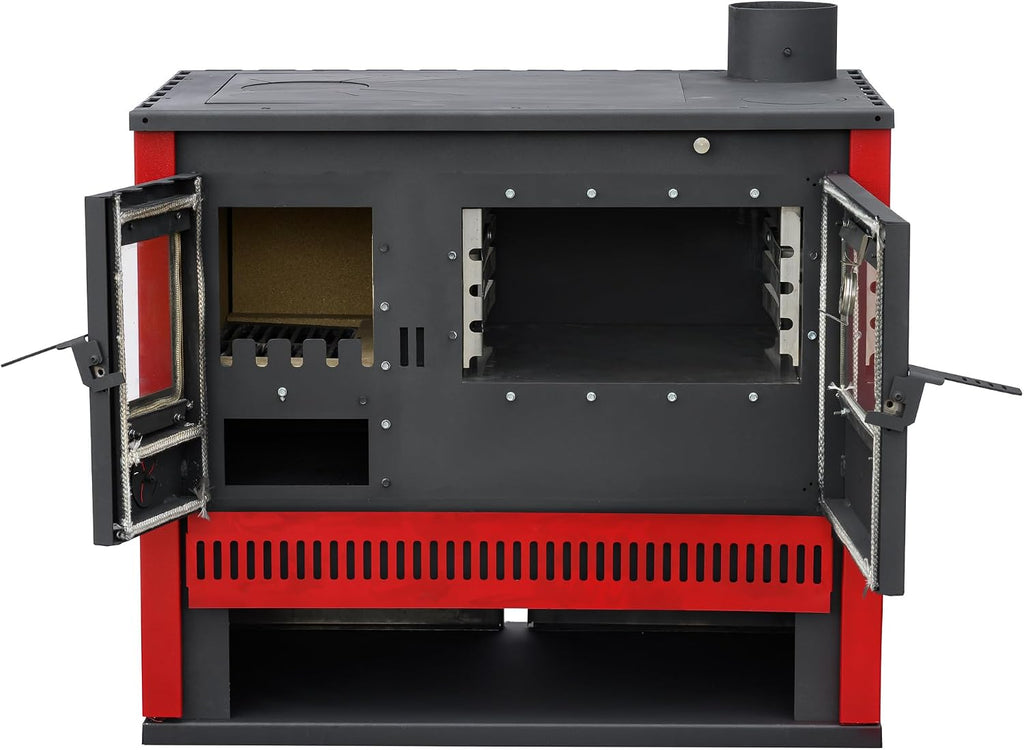 Estufa de leña de 15 kW, color rojo burdeos, horno permanente con función de cocción y horneado