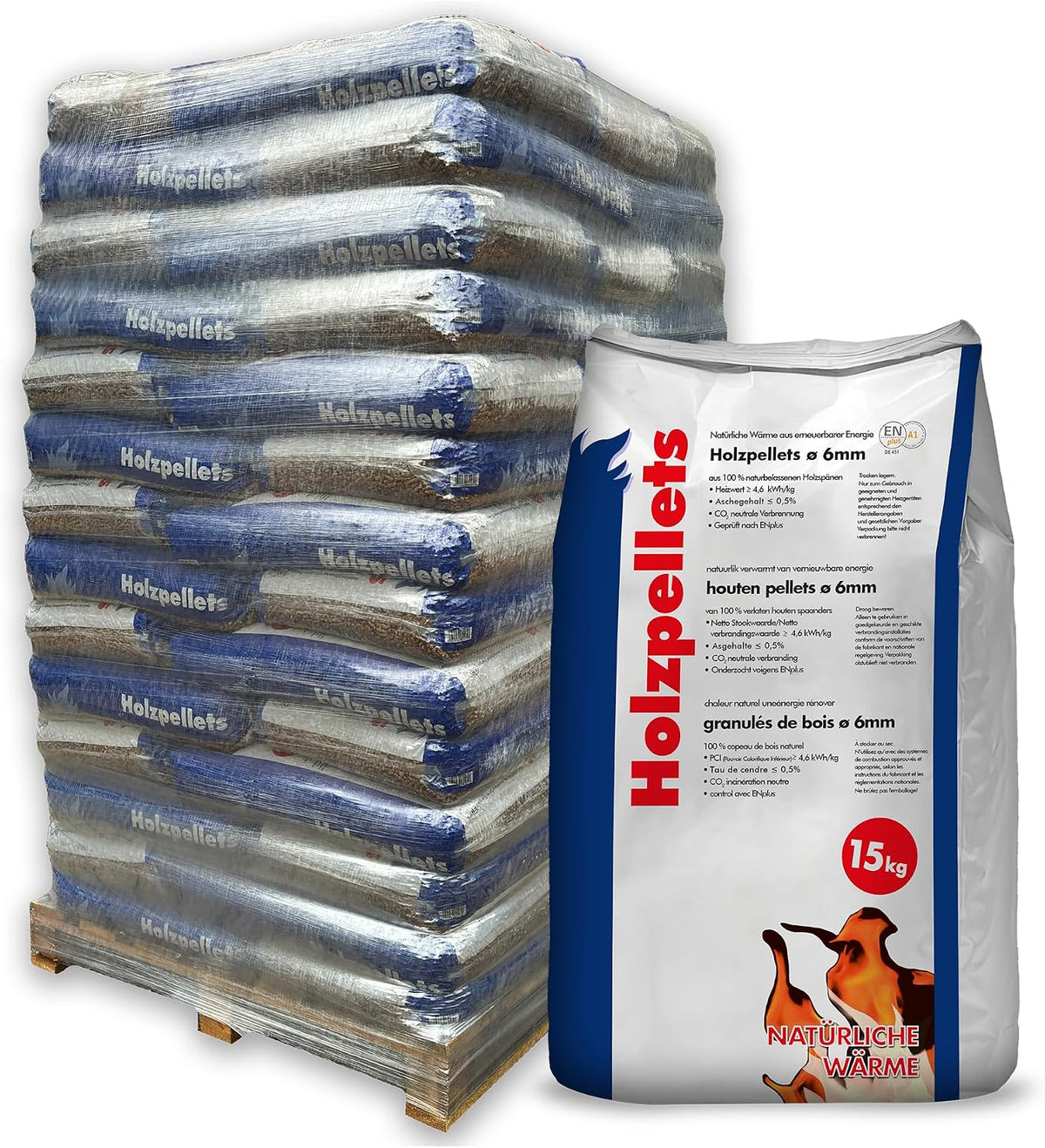 Pellets de madera, 70 x 15 kg, 6 mm, paleta completa, 1050 kg